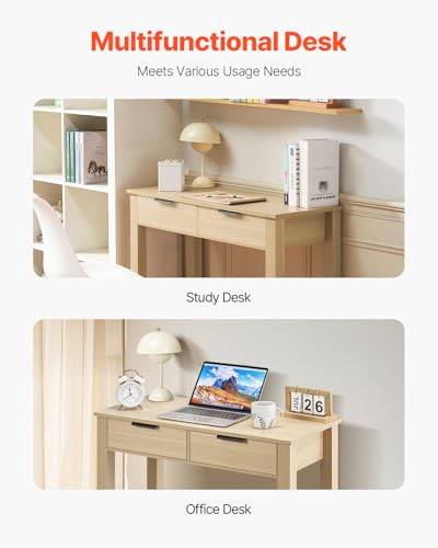 VEVOR Small Desk with Drawers, Wooden Table for Home Office, Small Computer Desk with Storage, Vanity Desk with Drawers, Study Table for Adults/Students for Drawing, Reading, Writing, Light Wood - size: 34.25"D x 15.55"W x 29.57"H