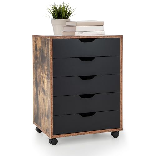 5 Drawer File Cabinet, 26.5" Vertical Filling Cabinet for Home Office, Under Desk Office Drawer Organizer, Universal & Lockable Casters, Rolling Printer Storage Rack - color: Rustic Brown, size: 19” x 16” x 26”