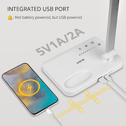 Qooltek LED Desk Lamp for Home Office, Touch Control Table Lamp with 5 Color Modes and Adjustable Brightness,Dual Swing Arm USB Charging Port Foldable Reading Light, Auto Timer, Silver White, 5W
