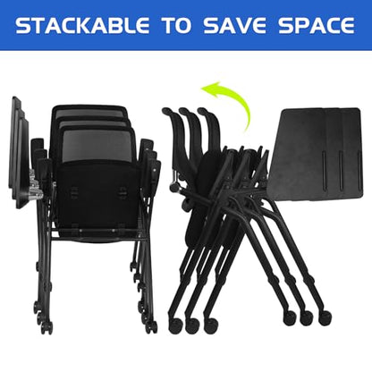 Updated Conference Room Chairs with Tablet Arm, Folding Office Desk Chair with Lumbar Support and Sliding Armrest with Casters, Stackable Office Guest Chairs & Reception Chairs, 1 Pack Black - color: Black With Tablet Arm, size: 1 Pack