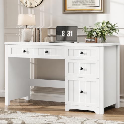 Vabches Farmhouse Executive Desk with 4 Drawers, Home Office Desk with File Drawer, Wood Computer Desk with Storage, Rustic Office Desk for Work Study Writing, Pure White - color: Pure White