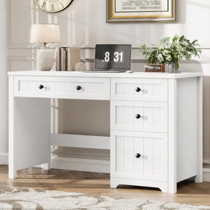 Vabches Farmhouse Executive Desk with 4 Drawers, Home Office Desk with File Drawer, Wood Computer Desk with Storage, Rustic Office Desk for Work Study Writing, Pure White - color: Pure White