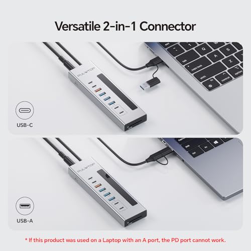 Powered USB C Hub 11-in-1 USB Hub with 2 * 24/45W Type-C PD Charging Ports | PULWTOP USB Powered Hub with SD/TF, 2*USB-C 10Gbps, 4*USB-A 5/10Gbps (72W DC Adapter Included) Not Support Video