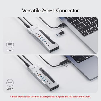 Powered USB C Hub 11-in-1 USB Hub with 2 * 24/45W Type-C PD Charging Ports | PULWTOP USB Powered Hub with SD/TF, 2*USB-C 10Gbps, 4*USB-A 5/10Gbps (72W DC Adapter Included) Not Support Video
