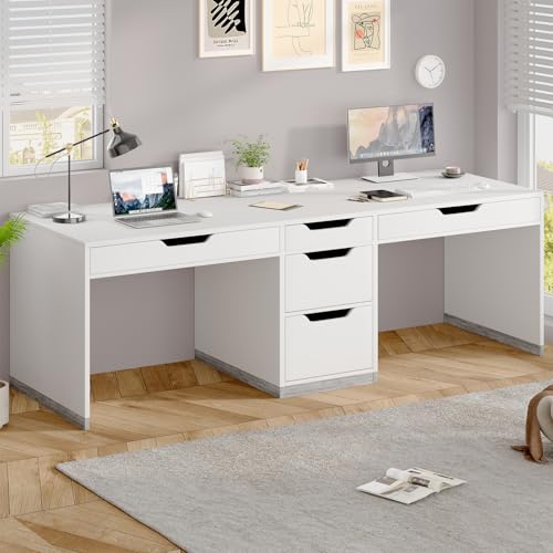 MaverickFurni 78" Two Person Desk with 5 Drawer, Long Desk with File Drawer | Double Desk for 2 People, 2 Person Desk Writing Table for Home Office, Long Computer Desk with Storage, White - color: Farmhouse White