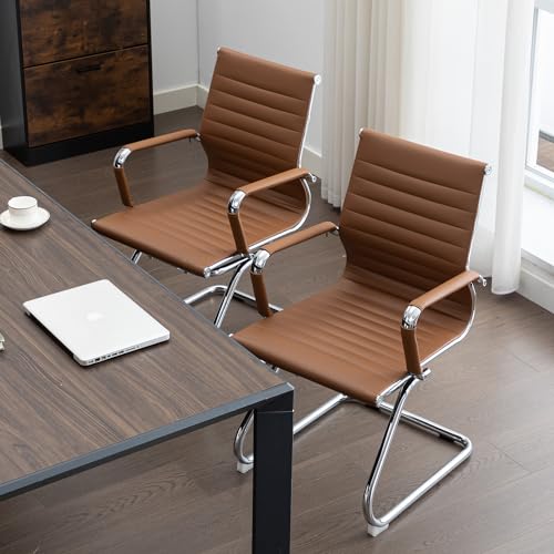 Office Guest Reception Chair Set of 8, Conference Room Chairs Waiting Room Chairs 8 Pack, Modern Leather Office Desk Chair No Wheels.（Brown） - color: Brown, size: 8 Pack