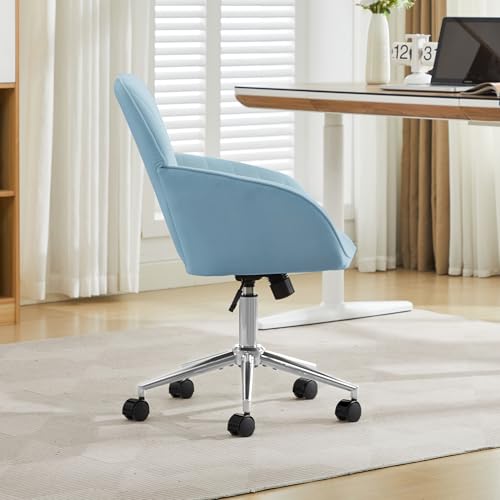 YITAI Velvet Office Desk Armchairs with Silver Base and Wheels,Modern Height Adjustable 360 Degree Swivel Upholstered Vanity Chairs for Living/Room Bedroom/Study,Light Blue - color: Silver Blue
