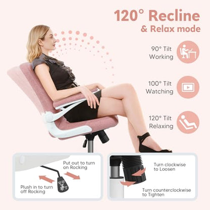 Office Chair with Wheels, Ergonomic Computer Desk Chair with Flip-up Armrest, Adjustable Rolling Swivel Chair Teddy Fleece – Dusty Pink - color: Dusty Pink