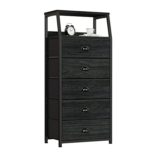 Black Dresser for Bedroom, Fabric Dorm Tall Nightstand | 5 Drawers Chests of drawers, Closet Organizer, Bedside Table Furniture for Living Room, Sturdy Steel Frame, Wood Top - color: Black Oak, style: 5 Drawers