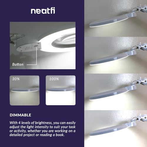 Neatfi XL Bifocal LED Magnifying Lamp, 7" Acrylic Lens, 2.25X/6X, 1,600 Lumens Dimmable | 3 Light Modes, Adjustable Arm & Clamp | Reading, Crafting & Jewelry (White, 7-inch Lens, CCT with Clamp) - color: White