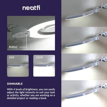 Neatfi XL Bifocal LED Magnifying Lamp, 7" Acrylic Lens, 2.25X/6X, 1,600 Lumens Dimmable | 3 Light Modes, Adjustable Arm & Clamp | Reading, Crafting & Jewelry (White, 7-inch Lens, CCT with Clamp) - color: White