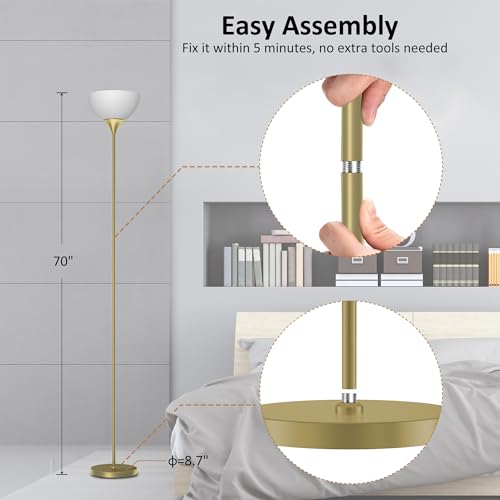 PESRAE Floor Lamp, Remote Control, Stepless Brightness & Color Temperature - color: Gold Brass