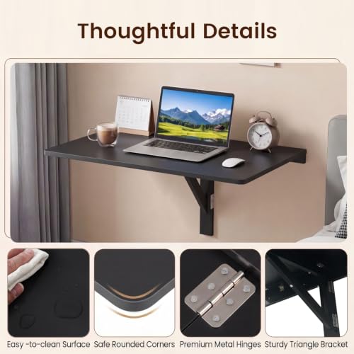 Tangkula 31.5" Wall Mounted Folding Desk, Drop-Leaf Floating Desk with Spacious Surface, Space-Saving Foldable Wall Table for Study, Bedroom, Laundry, Balcony & Small Spaces - color: Black