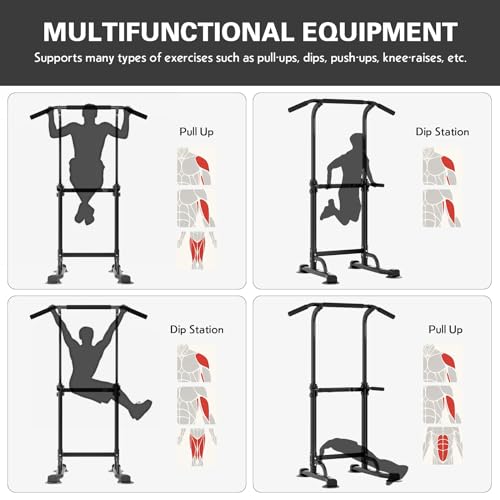 soges Power Tower Pull Up Bar Station, Free Standing Pull Up Rack Dip Station for Home Gym, Height Adjustable Home Strength Training Fitness Workout Equipment - color: Black