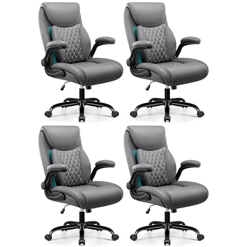 BESTFAIR Office Desk Chair with Lumbar Support for Lower Back Pain | Executive Leather Home Chair Comfy with Padded Flip-up Armrests, Gray, 4-Pack - color: Grey, size: 4 Pack