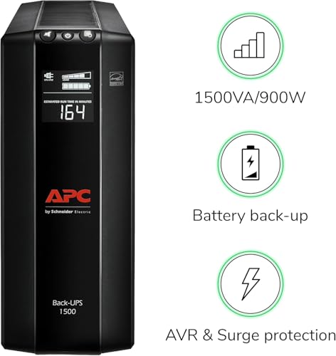 APC UPS 1500VA/900W Battery Backup for PCs, Office Electronics, BX1500M | Back-UPS Pro UPS for home offices. 10 outlets, LCD, AVR, surge protection, 68-min runtime (@100W) for PCs & workstations