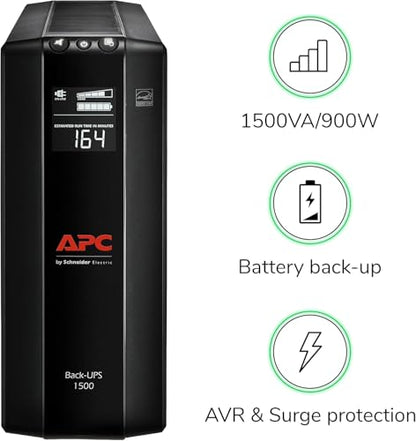 APC UPS 1500VA/900W Battery Backup for PCs, Office Electronics, BX1500M | Back-UPS Pro UPS for home offices. 10 outlets, LCD, AVR, surge protection, 68-min runtime (@100W) for PCs & workstations