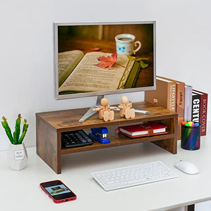 TEAMIX 20 inch Monitor Riser Stand - 2 Tiers, Wood Rustic Desktop Bookshelf - color: Espresso, size: 20 x 9.5 x 6.7 inches