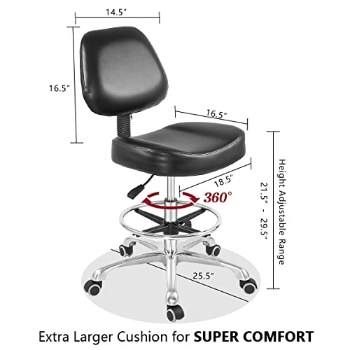 Grace&Grace Drafting Chair Tall Office Stool with Wheels,Heavy Duty Shop Stool Chair for Studio,Workshop,Office, Home Office (Black, Classic with Footrest)