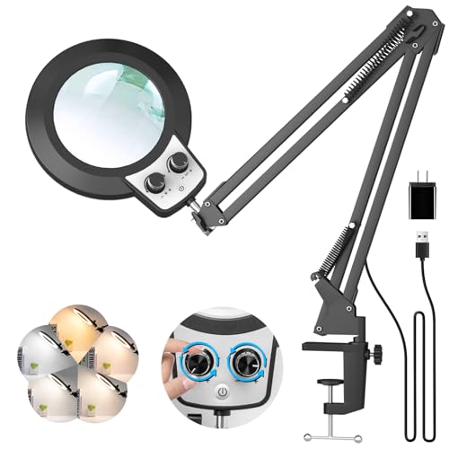 KIRKAS 12X Magnifying Glass with Light and Stand, Overhead Dual Knob | Lighted Magnifier Lamp for Workbench, Craft, Sewing, Repair, Reading, Real Glass Lens Stepless Dimming and Color (22IN Clamp) - size: 12X 22 INCH Clamp