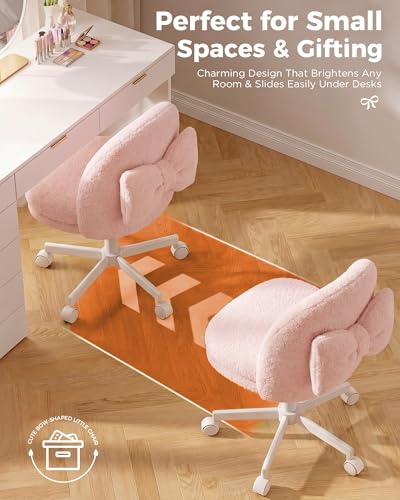 GTPLAYER Velvet Tall Office Chair with Wheels Vanity Chairs with Back, Versatile Height Use: Office to Bar Stools Small Ergonomic Comfy Armlees Computer Desk Chair with Bow Lumbar Pillow for Gift - color: Tv-pink
