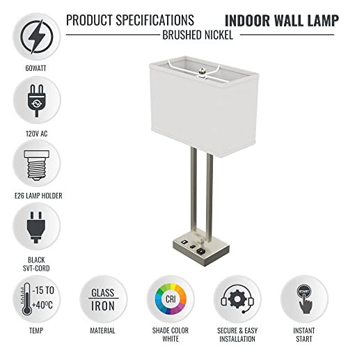 LEDMplace 28 Inch Bedside Table Lamp for Bedroom (USB Port, E26 Bulb Holder, Fabric Linen Shade, Bulb Not Included) | Bedside Table Lamp for Living Room Night Stand Desk Lamp Brushed Nickel Finish - size: 28 Inch (Rectangle Fabric Lamp)