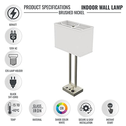 LEDMplace 28 Inch Bedside Table Lamp for Bedroom (USB Port, E26 Bulb Holder, Fabric Linen Shade, Bulb Not Included) | Bedside Table Lamp for Living Room Night Stand Desk Lamp Brushed Nickel Finish - size: 28 Inch (Rectangle Fabric Lamp)