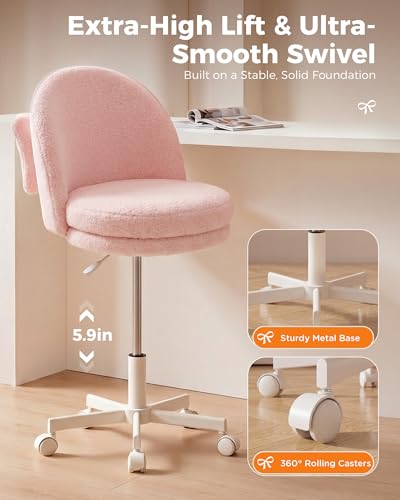 GTPLAYER Velvet Tall Office Chair with Wheels Vanity Chairs with Back, Versatile Height Use: Office to Bar Stools Small Ergonomic Comfy Armlees Computer Desk Chair with Bow Lumbar Pillow for Gift - color: Tv-pink