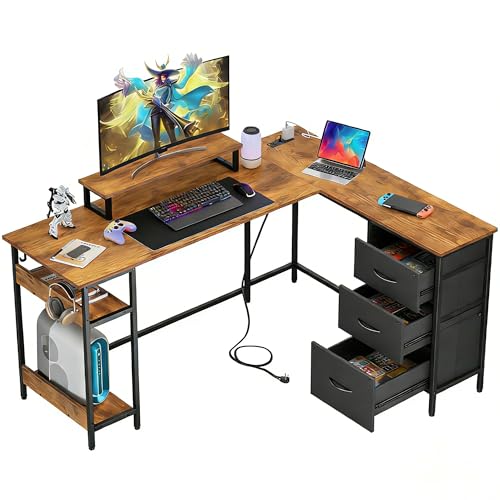 DEVAISE 60 Inch L Shaped Gaming Desk with Drawers and Storage, Corner Desk with LED Lights, Power Outlets, Computer Desk with Monitor Stand, Office Desk for Home, Rustic Brown - color: Rustic Brown, size: 60 Inch with Drawers