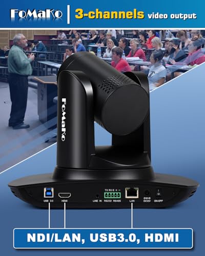 FoMaKo NDI PTZ Camera, AI Auto-Tracking Gen 3, 20x Optical Zoom LAN USB3.0 HDMI PTZ Camera for Church Services Worship Education (NDI 6 & NDI HX3) FMK20UH NDI-B (Black Color) - color: Dark Black