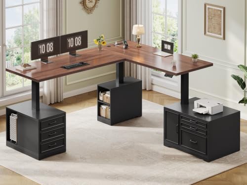 SEDETA Farmhouse L Shaped Electric Standing Desk with File Cabinet, 77 x 55'' Height Adjustable Home Office Computer Desk with 6 Drawers, Power Outlet, Sit Stand Desk, Black - color: Black Brown