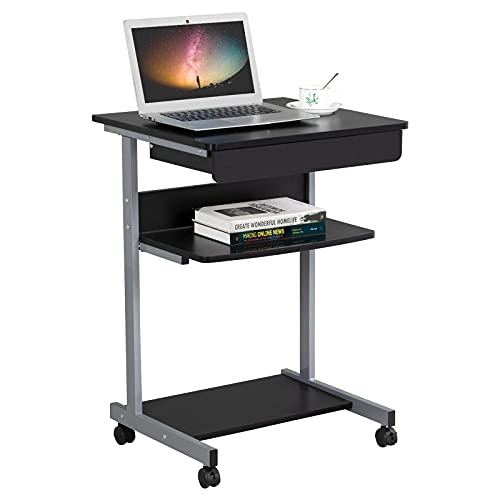Topeakmart Rolling Desk with Drawer & Printer Shelf, Sturdy Steel Frame, Black - color: Black