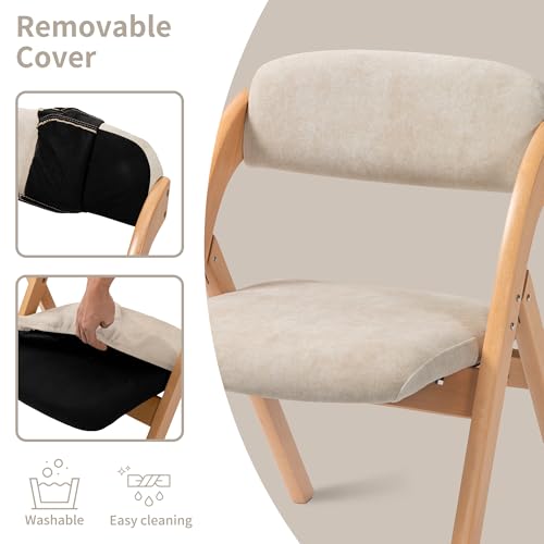 Folding Chairs with Padded Seats | Wooden Stackable Dining Chair Set of 2 with Removable Cover Extra for Guests Kitchen Office Wedding Party Picnic, Cream - color: Cream, size: 2PCS