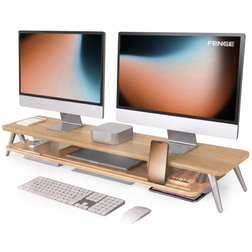 Fenge Dual Monitor Stand Riser, Wooden Desk Shelf with 2-Tier Storage | 42.5-Inch Wide, Sturdy Aluminum Legs, Built-In Phone & Tablet Slot, Desktop Organizer for Office Accessories - color: Dark Oak, size: 42.5 Inch