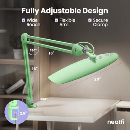 Neatfi LED Desk Lamp, 2200 Lumens, 24W, 20-Inch Wide Head (Midnight Green) - color: Midnight Green, size: Non-CCT with Clamp