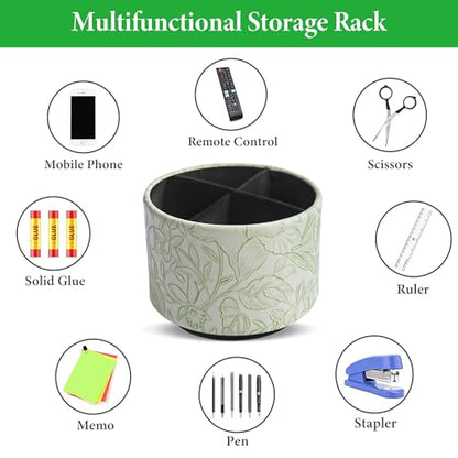 Round Leather Art Supply Organizer,Remote Control Holder,360 Degree Spinning,Multi-Functional Pencil Holder,4 Compartments Desktop Stationary Organizer(1-Carved Green) - color: 1-Carved Green