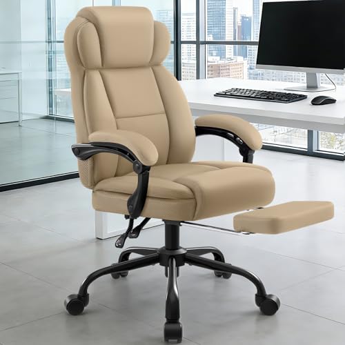 Ergonomic Office Chair with Footrest,PU Leather Executive Desk Chair Padded Linkage Armrests,Lumbar Support,Swivel Computer Chair for Home Office & Gaming,Khaki - color: Khaki