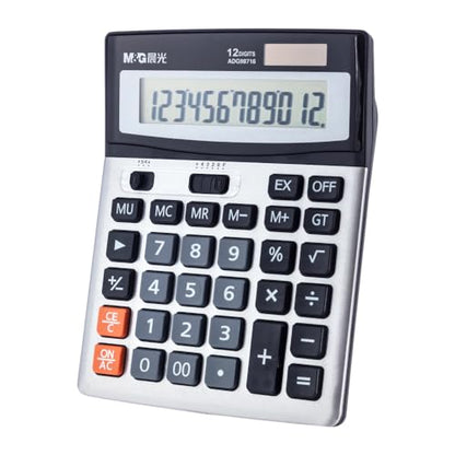 M&G Desk Calculator 12 Digit Extra Large LCD Display Calculators, Dual Solar Power and Battery, Battery Included, Metal Panel Comfort Button Calculator for Office Home - style: Large Metal Panel
