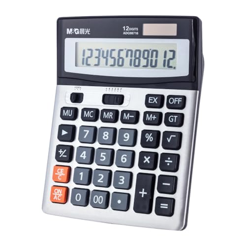 M&G Desk Calculator 12 Digit Extra Large LCD Display Calculators, Dual Solar Power and Battery, Battery Included, Metal Panel Comfort Button Calculator for Office Home - style: Large Metal Panel