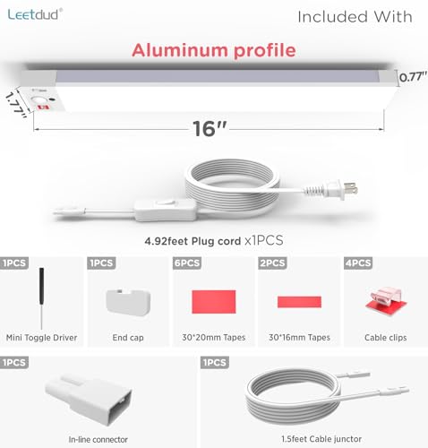 Leetdud Under Cabinet Lighting Plug in 16 Inch, 120V Motion Sensor Lights Indoor, 3CCT 3000/4000/5000K, Aluminum Linkable Super Bright LED Counter Light with Timer for Kitchen, Closet, White, 1 Pack - size: 16 Inch
