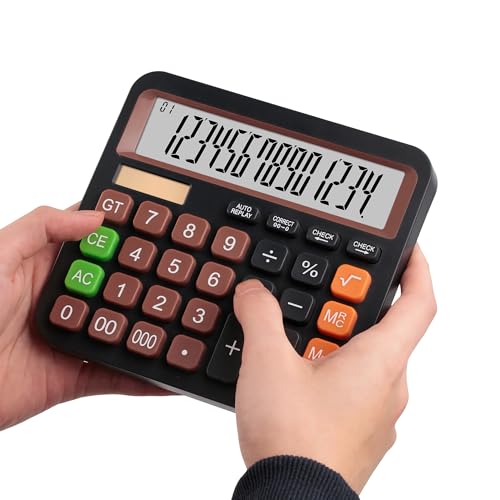 Standard Desktop Calculator, Dual Power (Solar & AA Battery), 14-Digit Large Display, Multifunctional Office Calculator (Black)