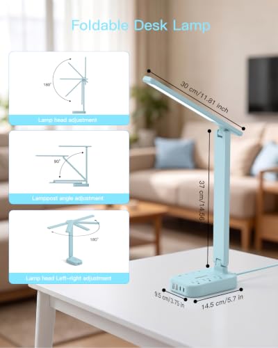 LED Desk Lamp, Power Strip with 4 USB 3 Outlets, Dorm Room Essentials, Blue - color: Blue, size: 5 Ft