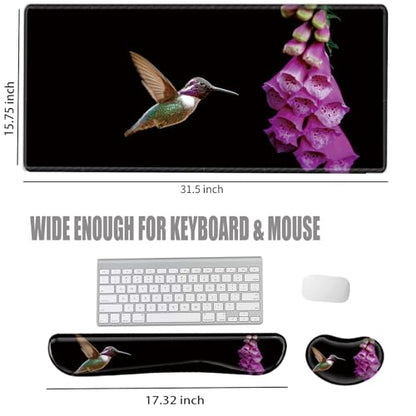 Large Mouse Pad and Keyboard Wrist Rest 31.5x15.75 Desk Mat 3 in 1 Keyboard Wrist Support for Women Girly Mousepad Hummingbird Computer Mat with Non-Slip Rubber Home Office - color: Hummingbird