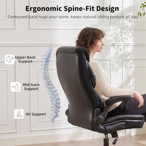 Executive Office Chair - Adjustable Inflatable Lumbar Support, Flip Up Arms, Heavy Duty Metal Base, Breathable PU Leather Ergonomic High Back Computer Chair Desk Chair, Thick Padded | Black - color: Black