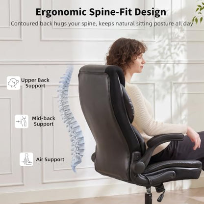 Executive Office Chair - Adjustable Inflatable Lumbar Support, Flip Up Arms, Heavy Duty Metal Base, Breathable PU Leather Ergonomic High Back Computer Chair Desk Chair, Thick Padded | Black - color: Black