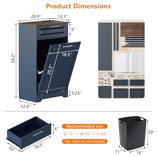 Single 10 Gallon Tilt Out Trash Can Cabinet with Deodorizing Function, Wooden Hidden Garbage Can Holder with Storage Drawers for Kitchen and Dining Room, Laundry Hamper Cabinet for Bathroom, Blue - color: Blue, size: 13.11"D x 20.91"W x 35.2"H(Single)