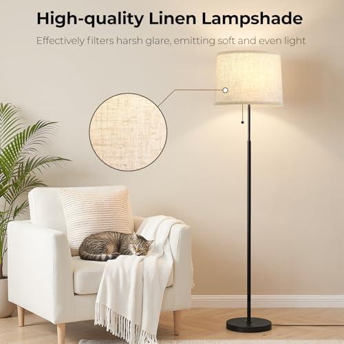 Floor Lamps for Living Room & Bedroom, 60" Modern Tall Standing Lamp, 3CCT | Lamps for Office, Classroom, Bedside, Linen Lampshade, Pull Chain Switch, Modern Design, Anti-glare Lighting, Easy Assembly - color: Linen T-Shades+Black Pole