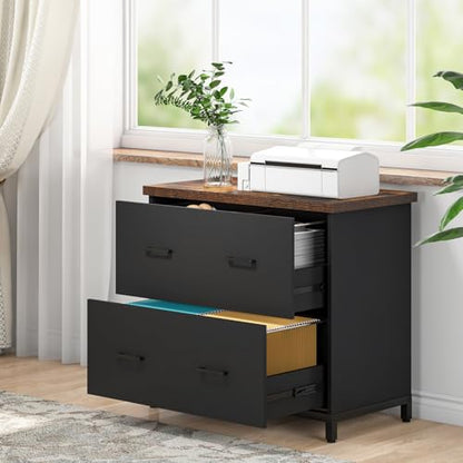 Tribesigns 2-Drawer File Cabinet, Wood Lateral Filing Cabinet for Office | A4, Letter Size, Engineered Wood, Two Drawer File Cabinet for Home Office, Brown and Black