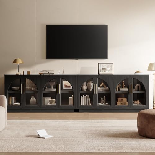 Fatmok 59" Arched Glass Sideboard Buffet Display Cabinet,Grey Black Oak - color: B-black Grey