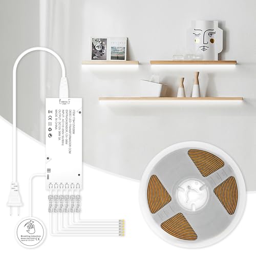 Under Cabinet COB Led Light Strip kit,16.4ft/5m Cuttable 6500K,Diffused Power with 6 Output Ports,Touch Switch&Dimmer Strip for Curio Cabinet,Book Shelf,Wardore,Wine Rack - color: 6500K White, size: 1Roll/16.4FT